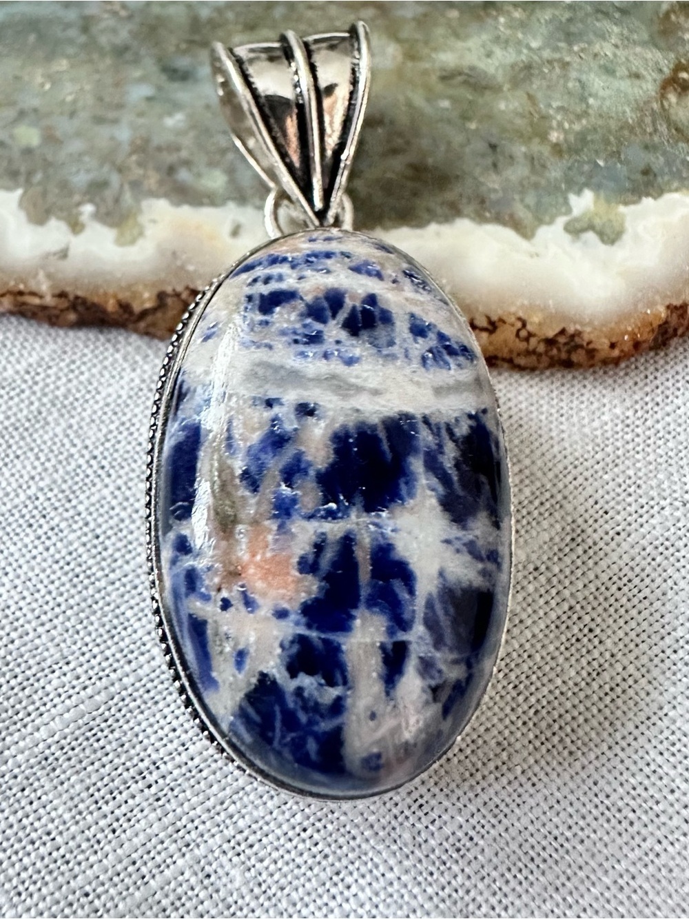 Artisan Blue and White Sodalite Oval Pendant Necklace